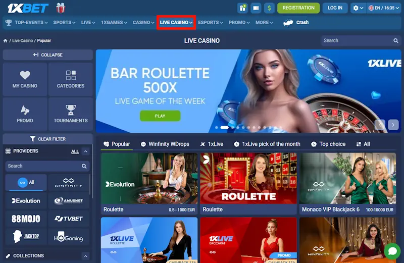 1xBet Live Casino Games Screenshot